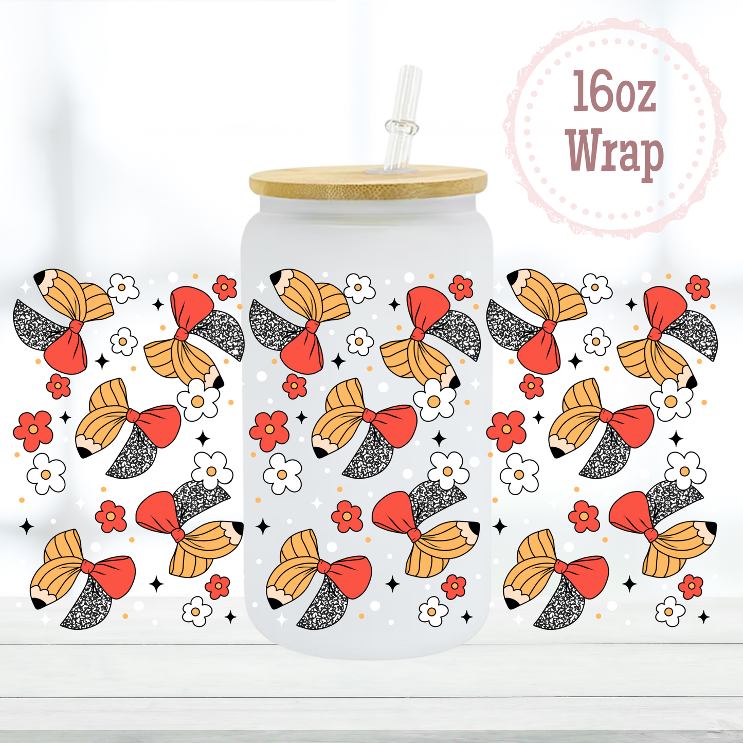 Pencil Bows with Flowers 16oz UVDTF Cup Wrap