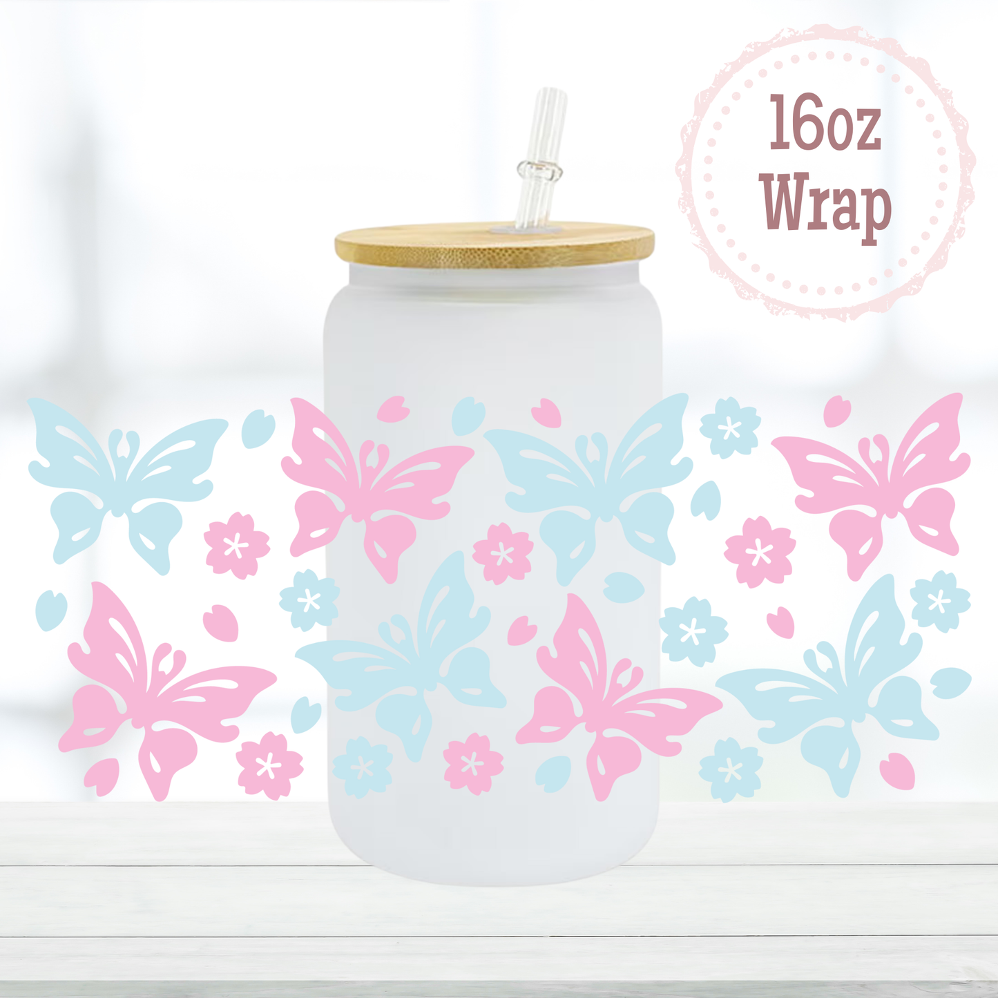 Pink and Blue Butterflies 16oz UVDTF Cup Wrap