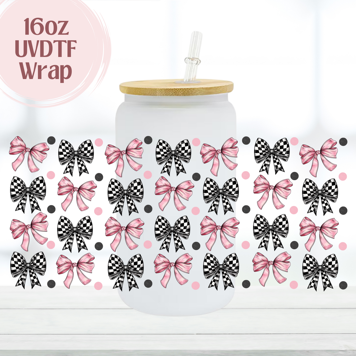 Checkered Pink Bows 16oz UVDTF Cup Wrap