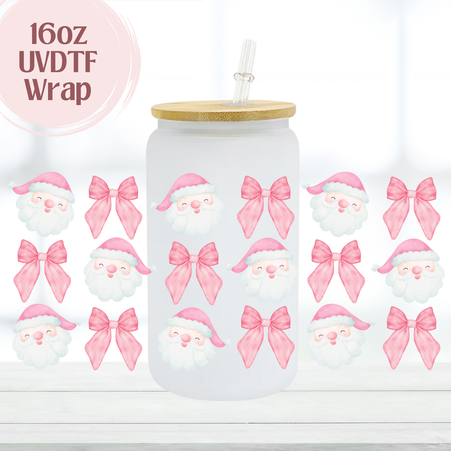 Pink Santa and Bows 16oz UVDTF Cup Wrap