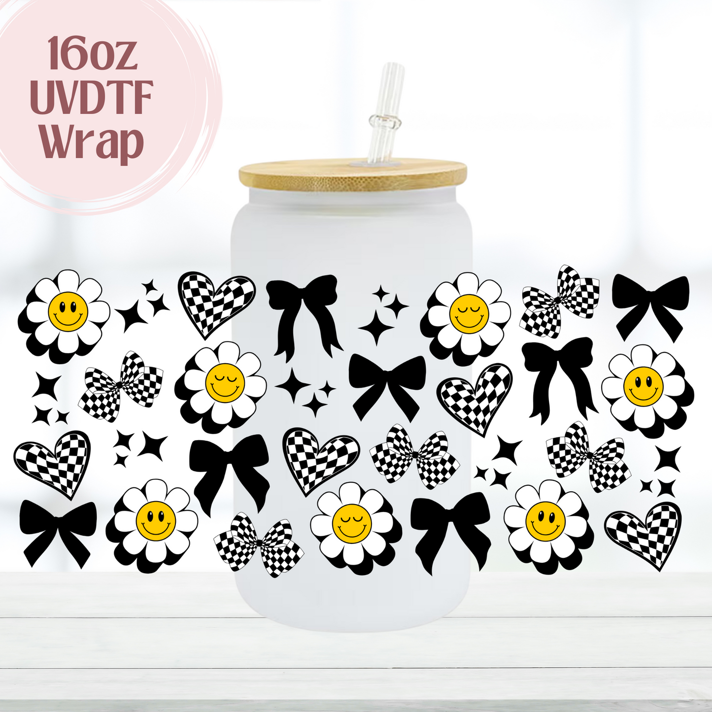 Checkered Smileys and Bows 16oz UVDTF Cup Wrap