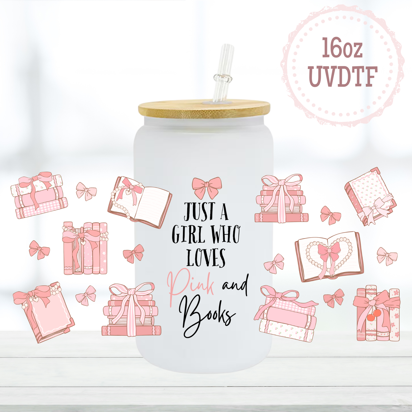 Pink and Books 16oz UVDTF Cup Wrap