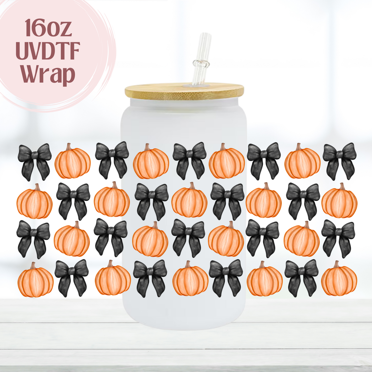 Black Bows & Orange Pumpkins 16oz UVDTF Cup Wrap