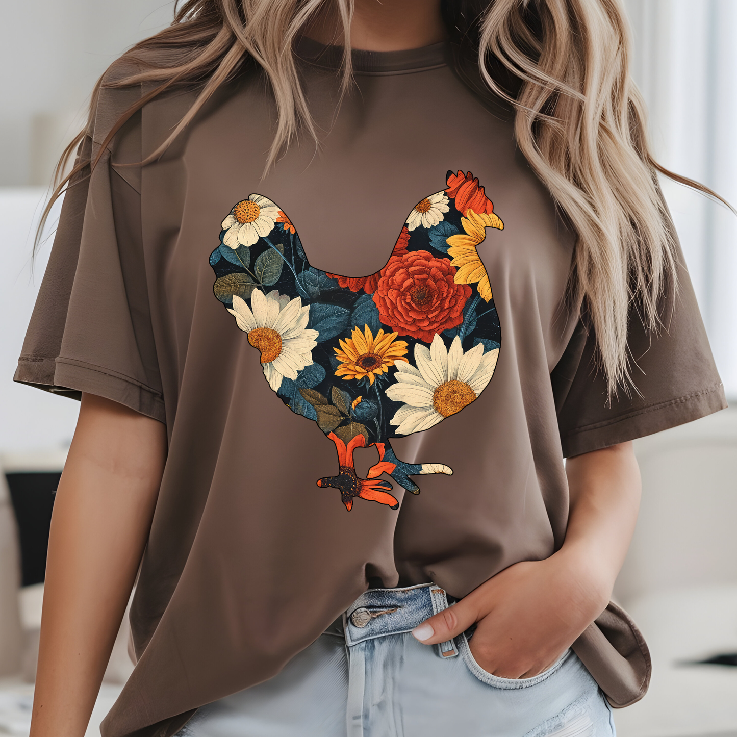 Floral Chicken DTF Print