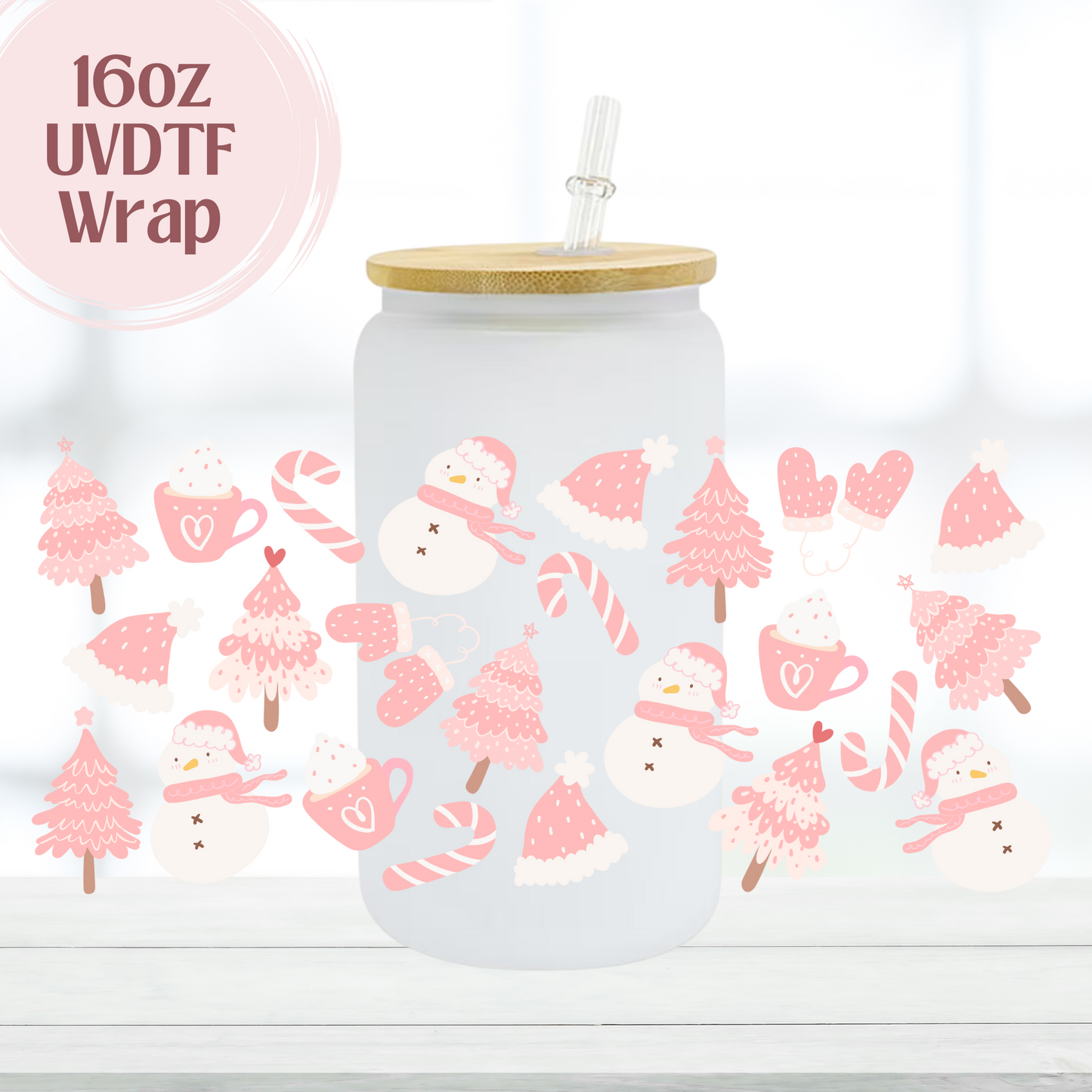 Pink Snowmen 16oz UVDTF Cup Wrap