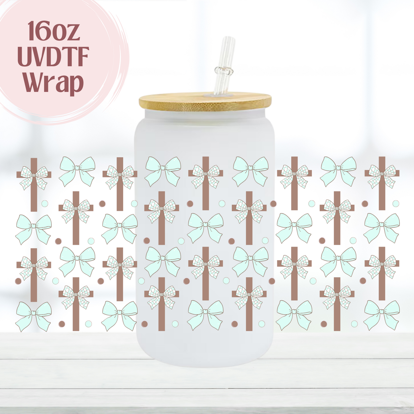 Teal Bows with Cross 16oz UVDTF Cup Wrap