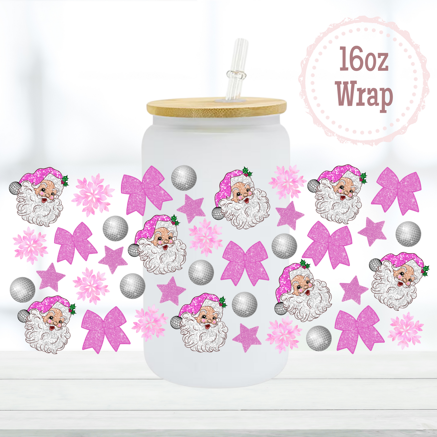 Pink Glitter Santa 16oz UVDTF Cup Wrap