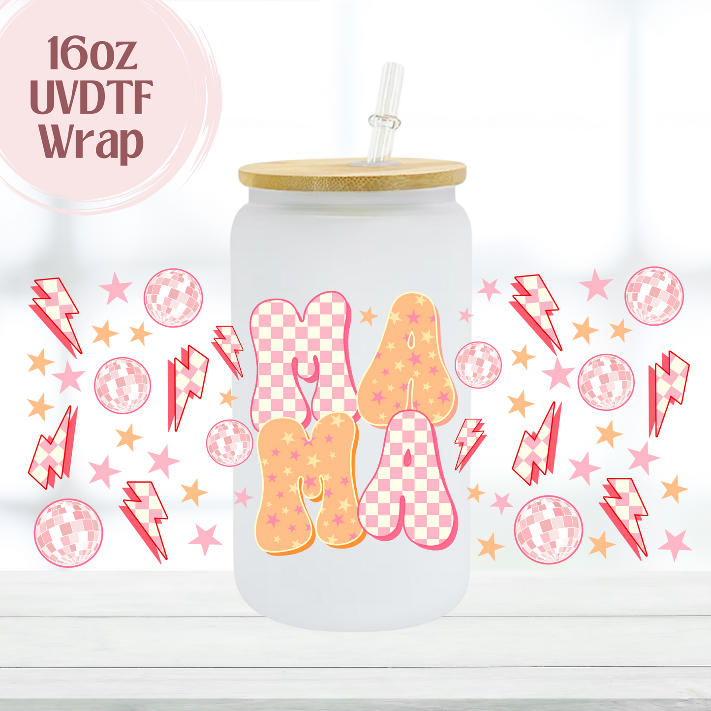 Mama Checkered Pink and Orange 16oz UVDTF Cup Wrap