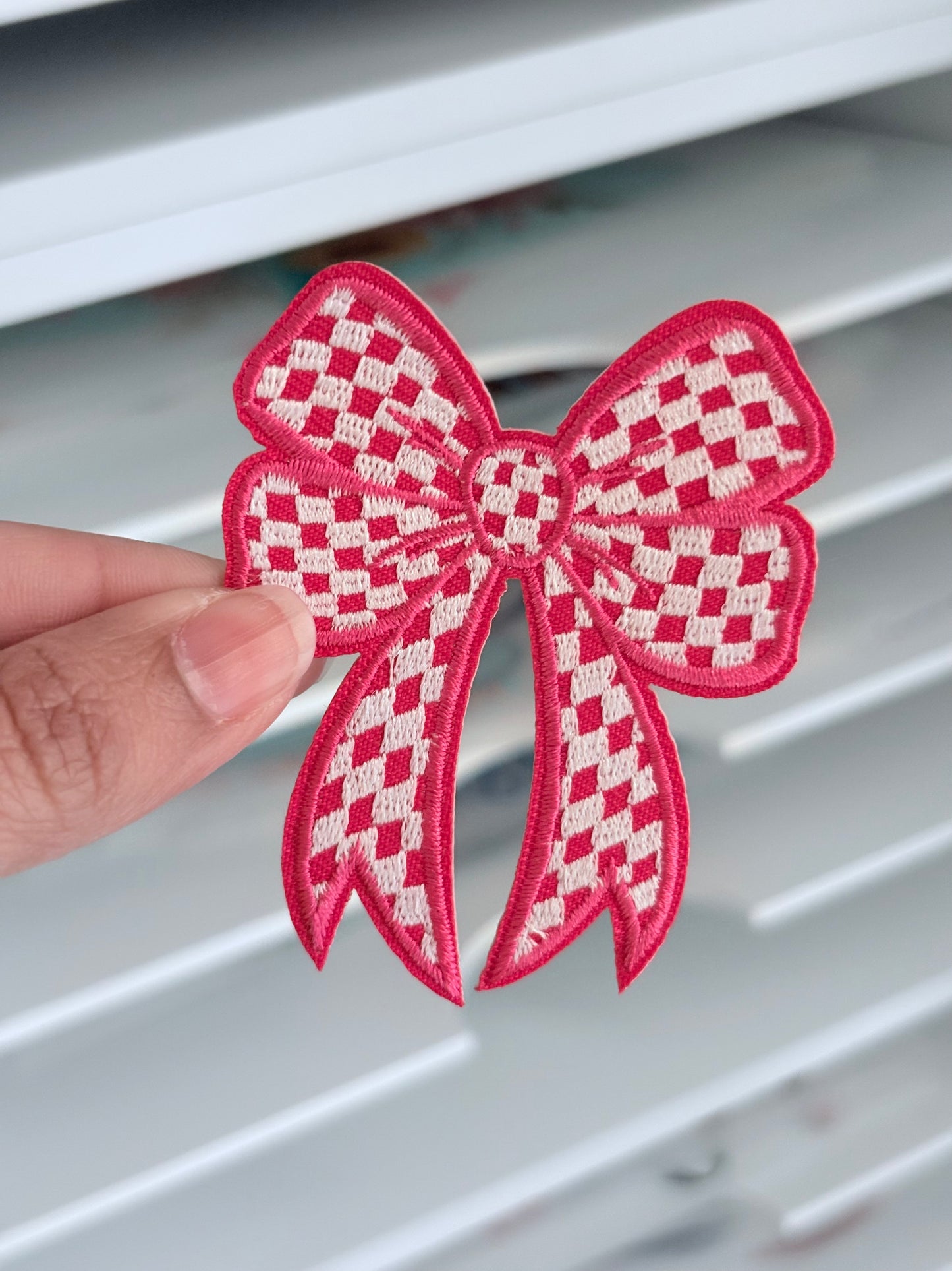 Bright Pink Checkered Bow Small Patch