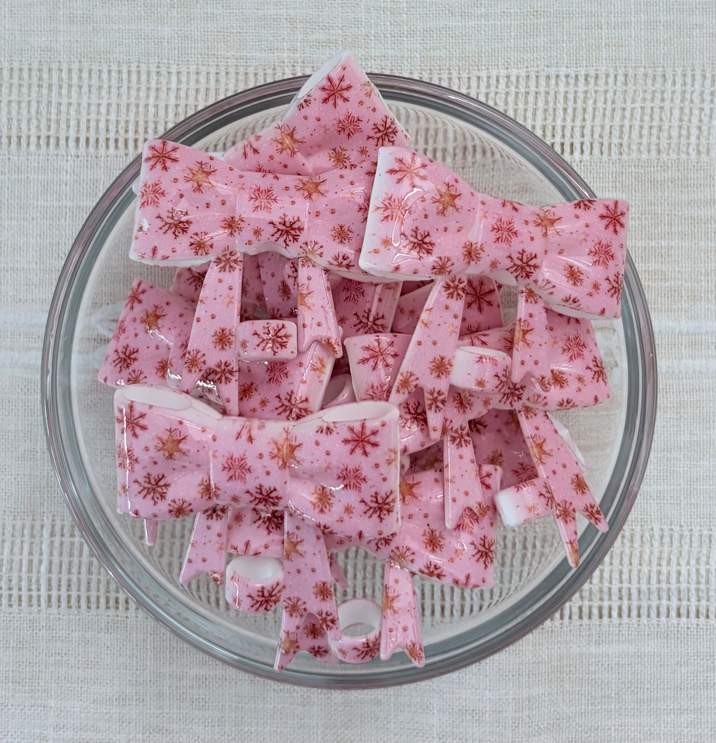 Pink & Gold Snowflakes Glossy Silicone Bow Straw Topper