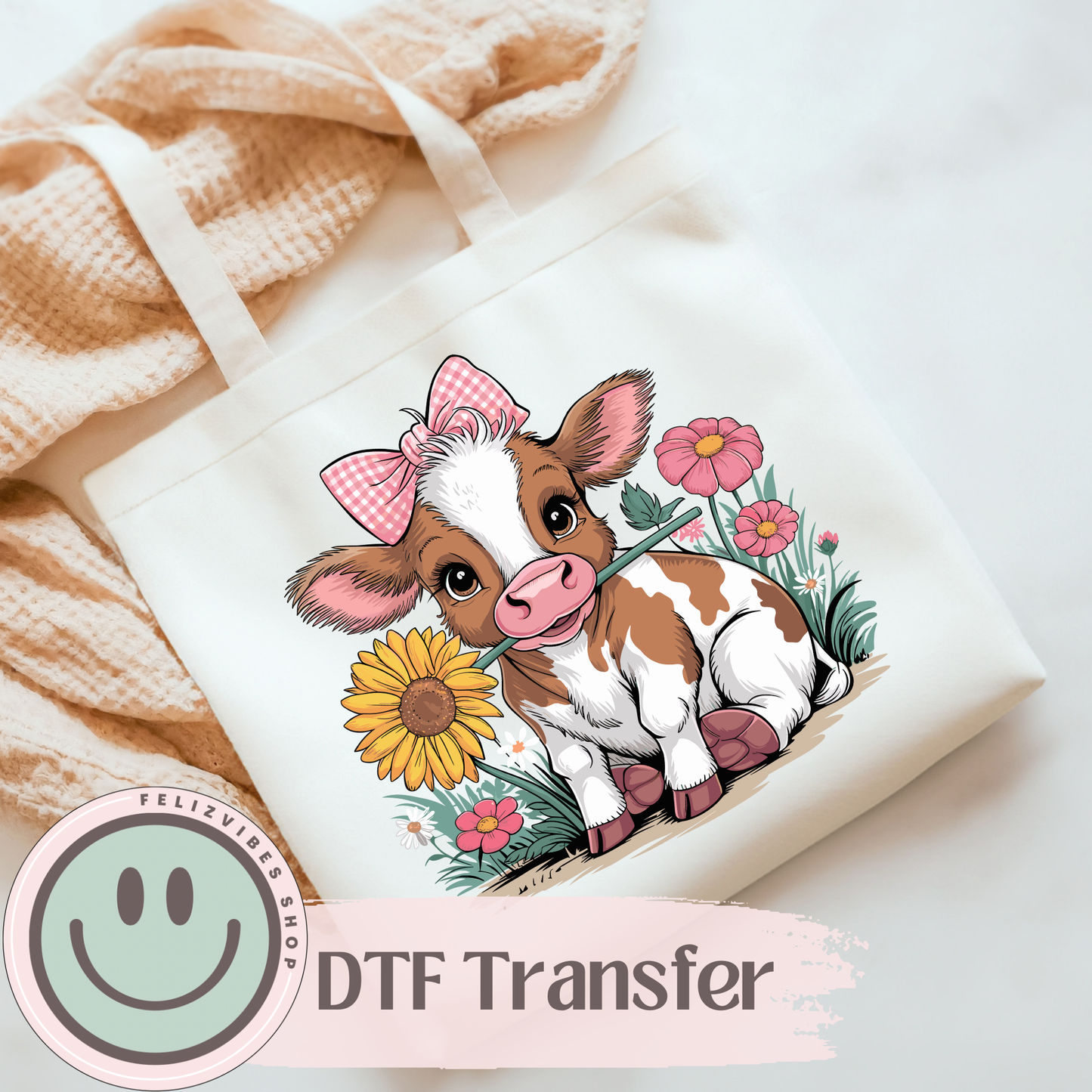 Cute Cow With Flowers DTF Print