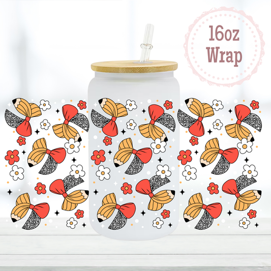 Pencil Bows with Flowers 16oz UVDTF Cup Wrap