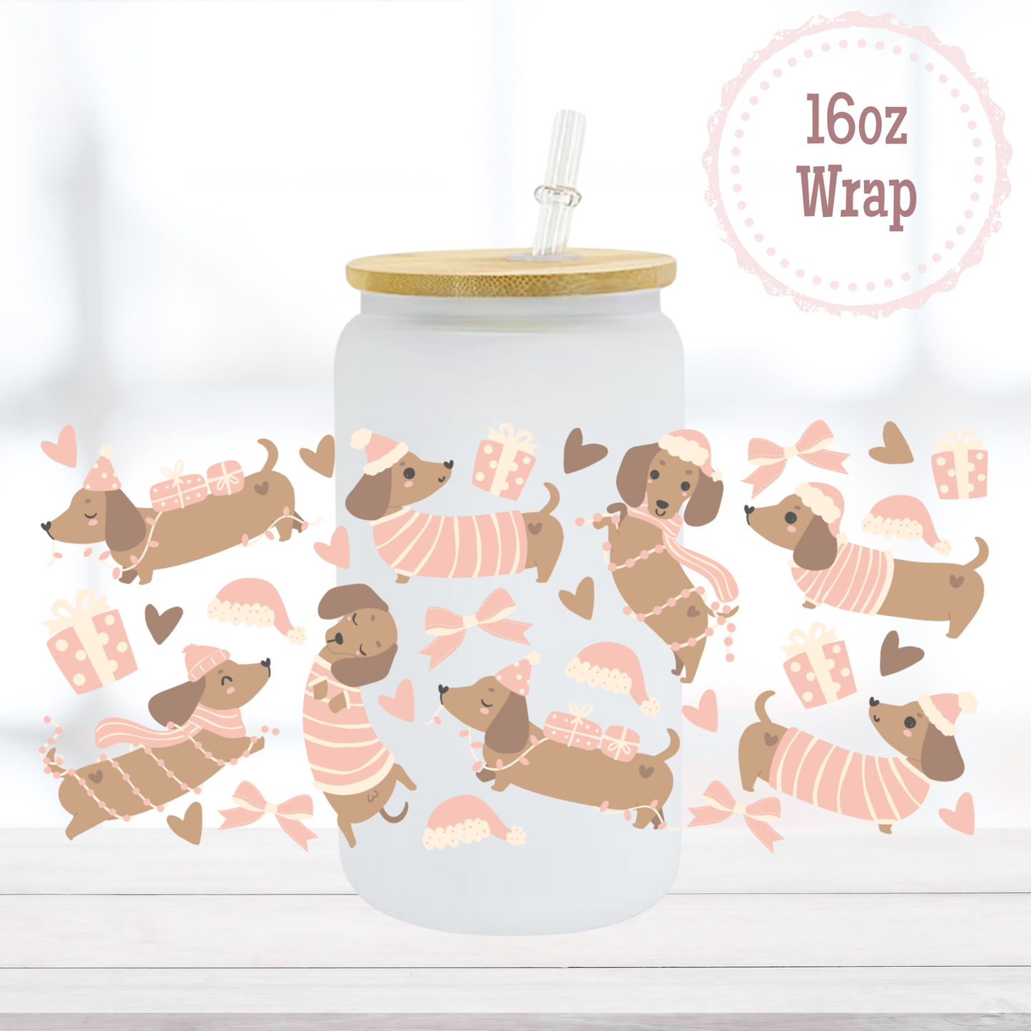 Dachshund Pink Christmas 16oz UVDTF Cup Wrap