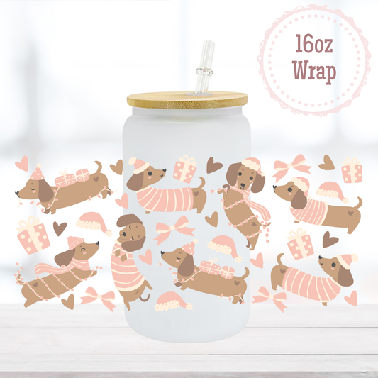 Dachshund Pink Christmas 16oz UVDTF Cup Wrap