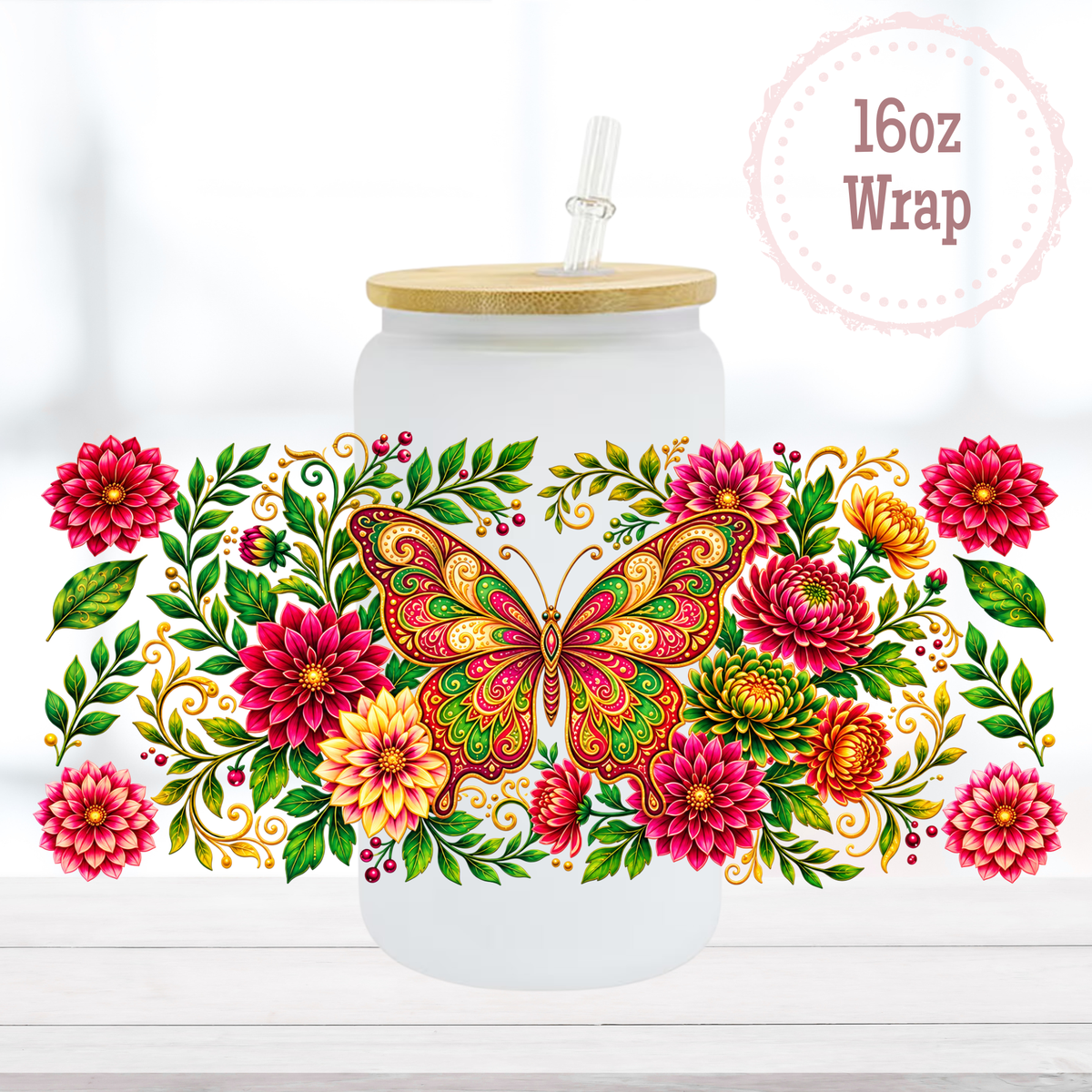 Red and Green Butterfly 16oz UVDTF Cup Wrap