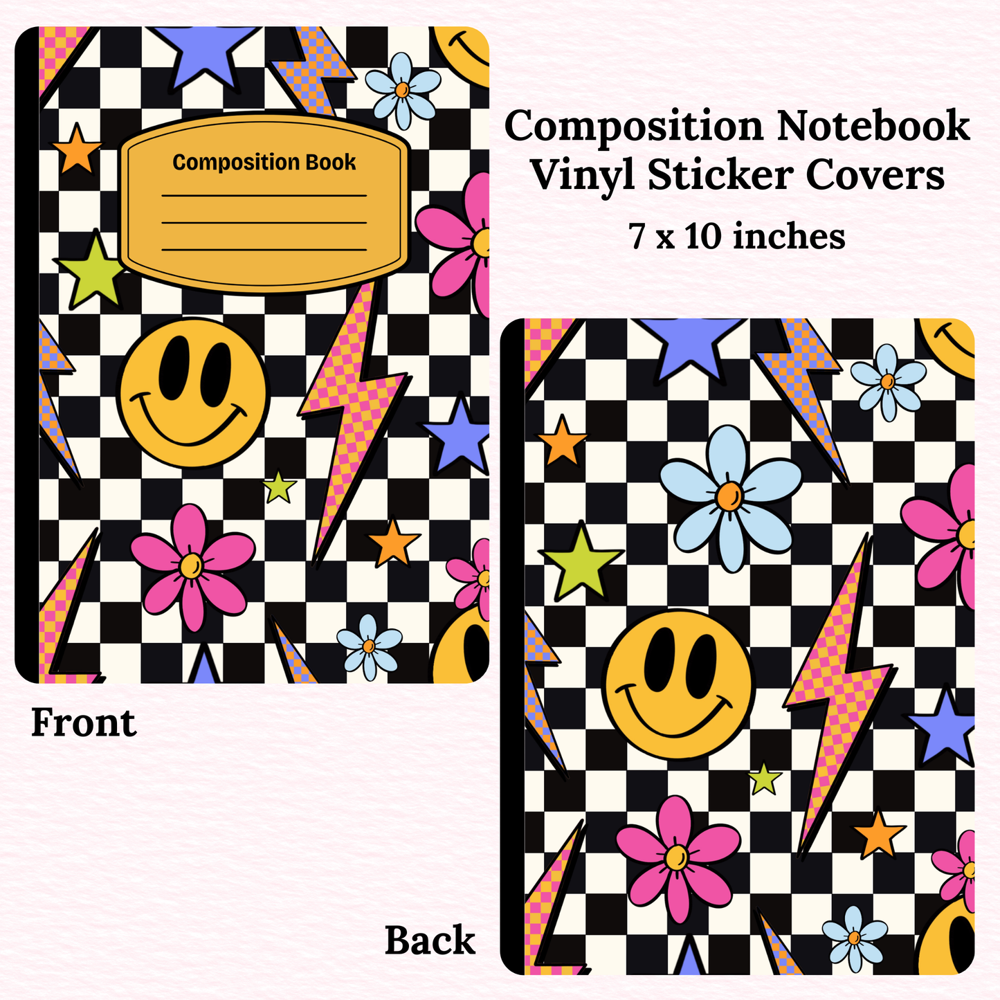 Checkered Smiley Floral Composition Notebook Vinyl Cover