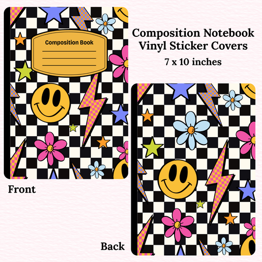 Checkered Smiley Floral Composition Notebook Vinyl Cover