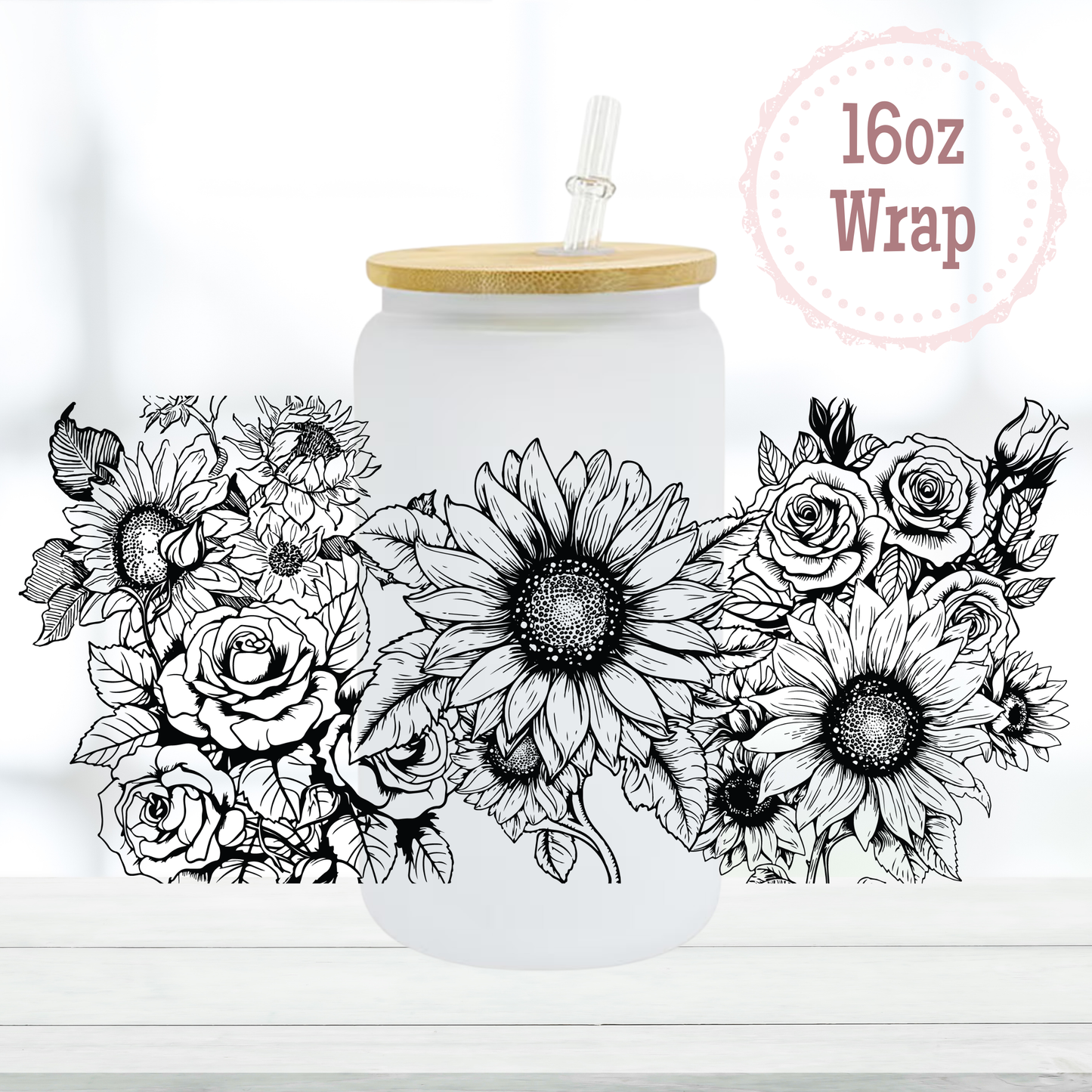 Black Flowers 16oz UVDTF Cup Wraps