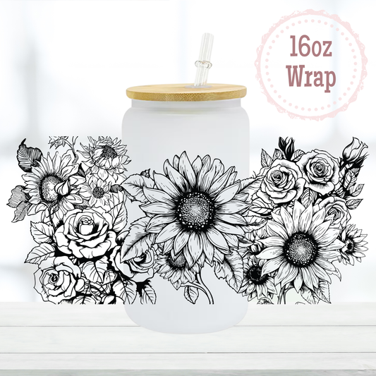 Black Flowers 16oz UVDTF Cup Wraps