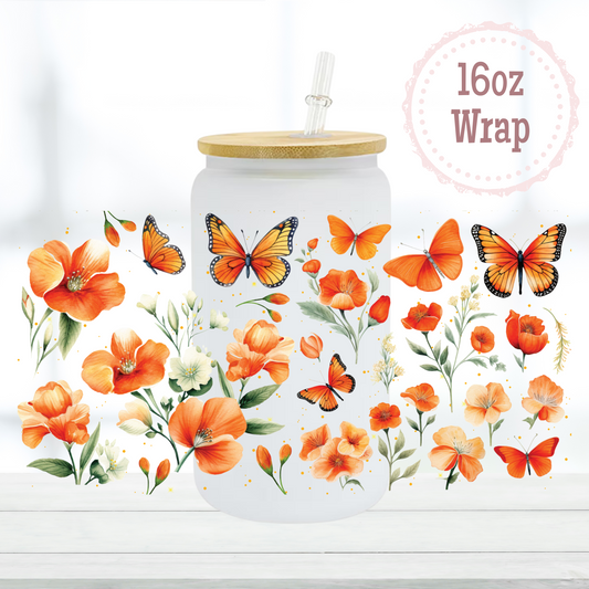 Orange Butterflies 16oz UVDTF Cup Wrap