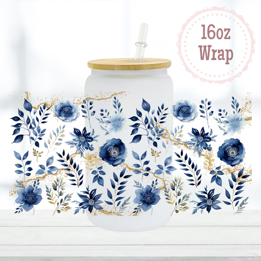 Blue and Gold Flowers 16oz UVDTF Cup Wrap