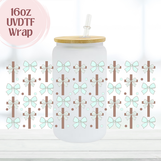 Teal Bows with Cross 16oz UVDTF Cup Wrap