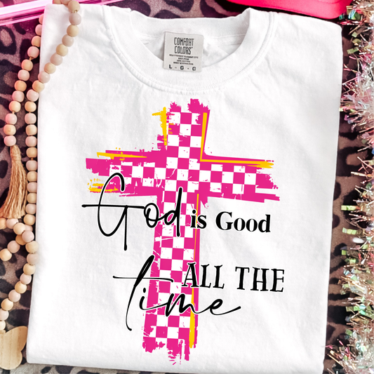 God is Good Checkered Cross DTF Print