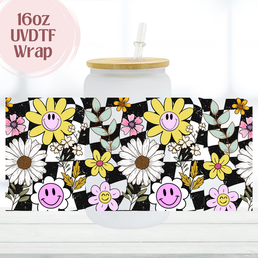 Checkered Floral Smileys 16oz UVDTF Cup Wrap