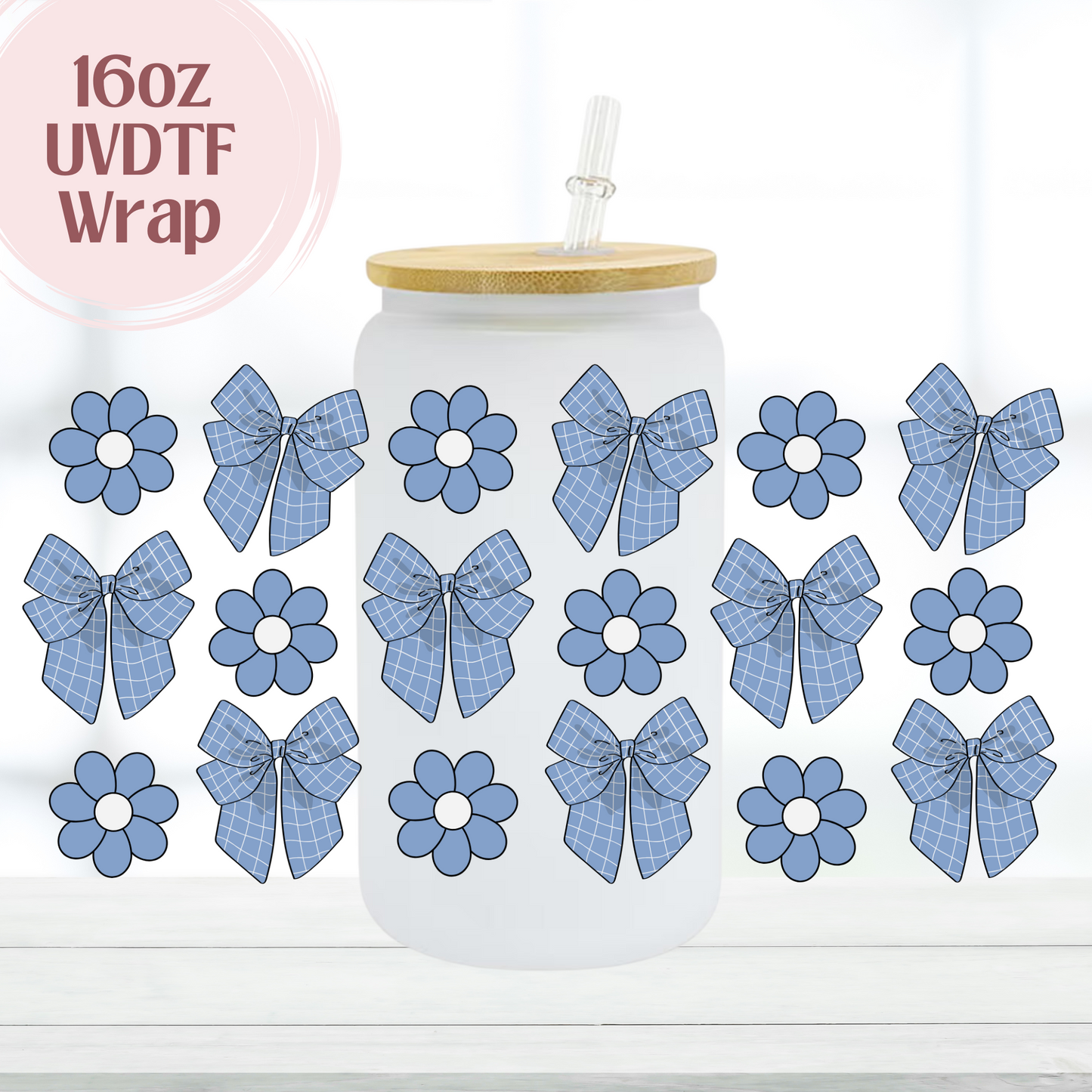 Blue Floral and Bows 16oz UVDTF Cup Wrap