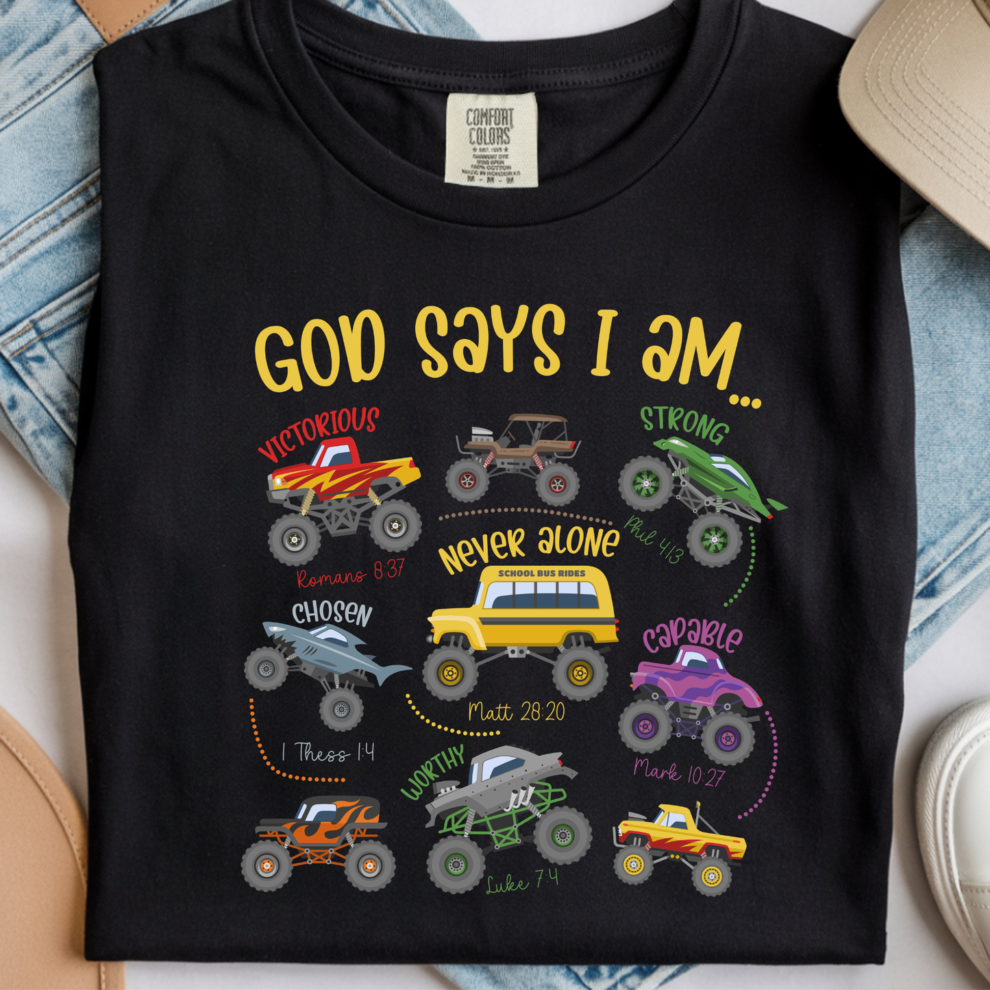God Says Monster Trucks Kids DTF Print