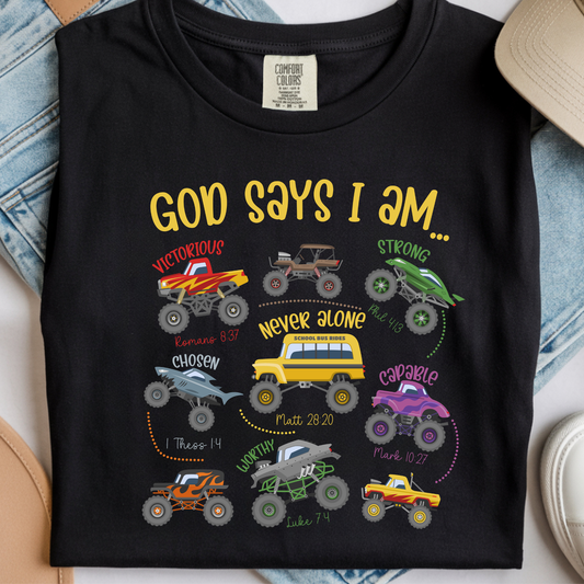 God Says Monster Trucks Kids DTF Print