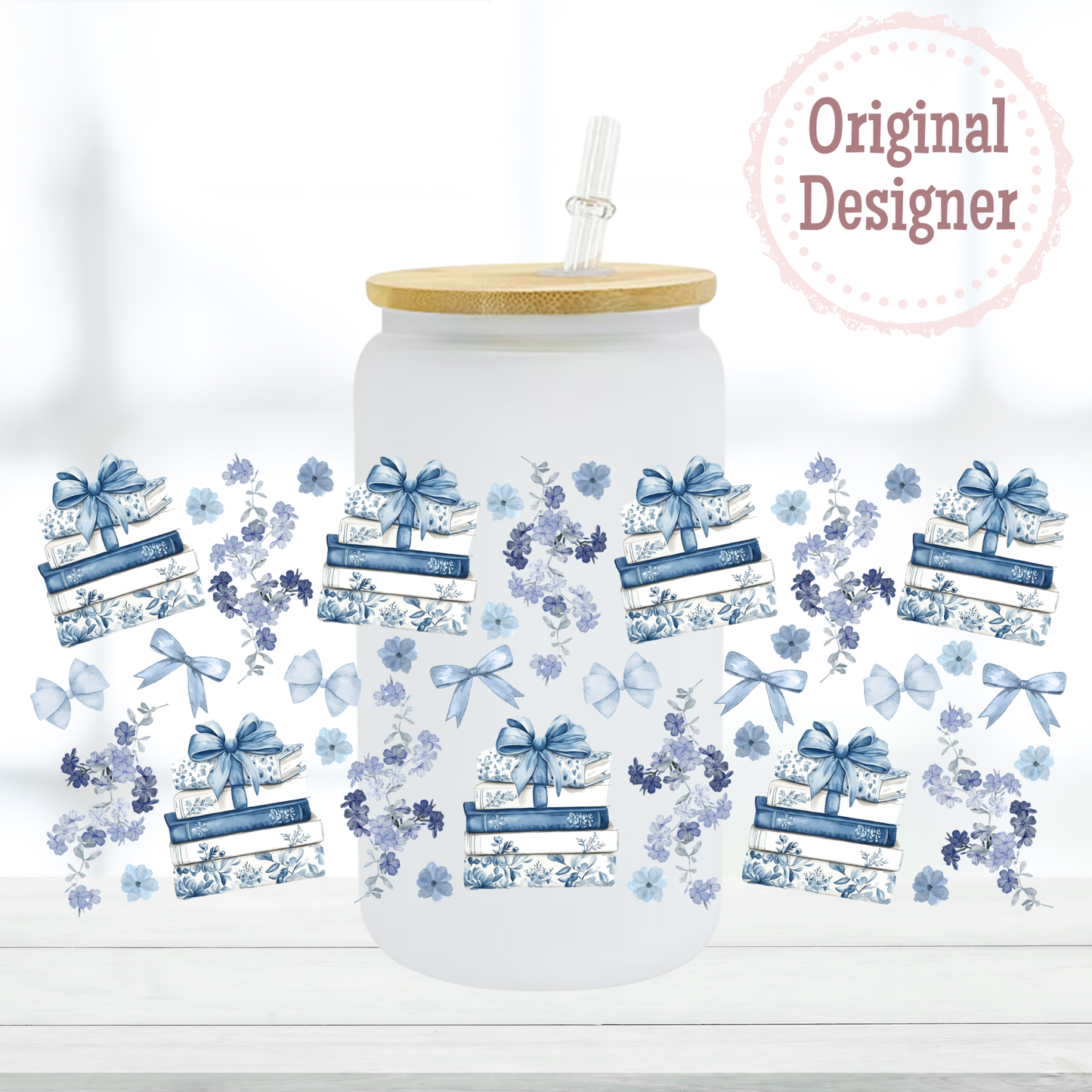 Blue Floral Books 16oz UVDTF Cup Wrap