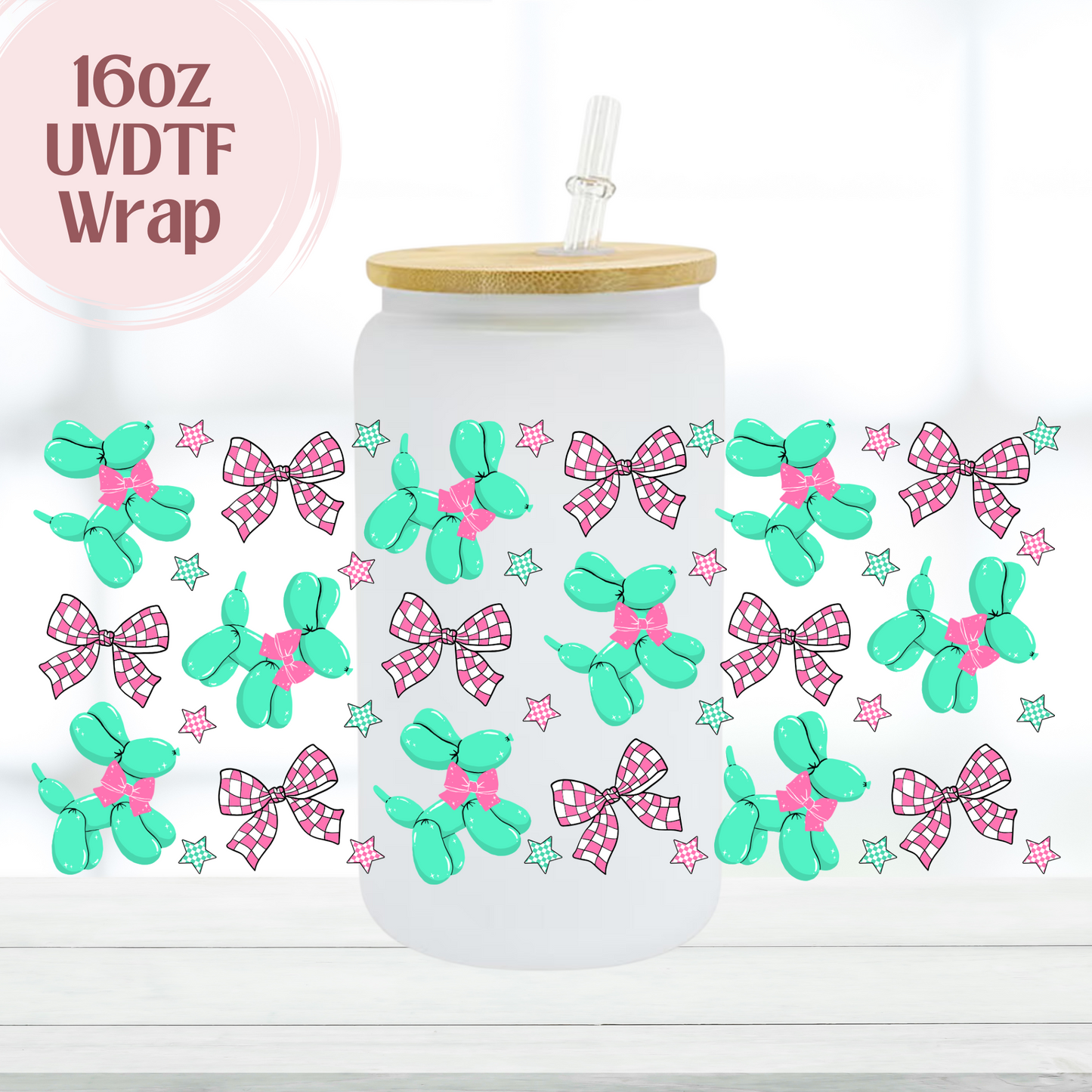 Green & Pink Balloon Dogs 16oz UVDTF Cup Wrap