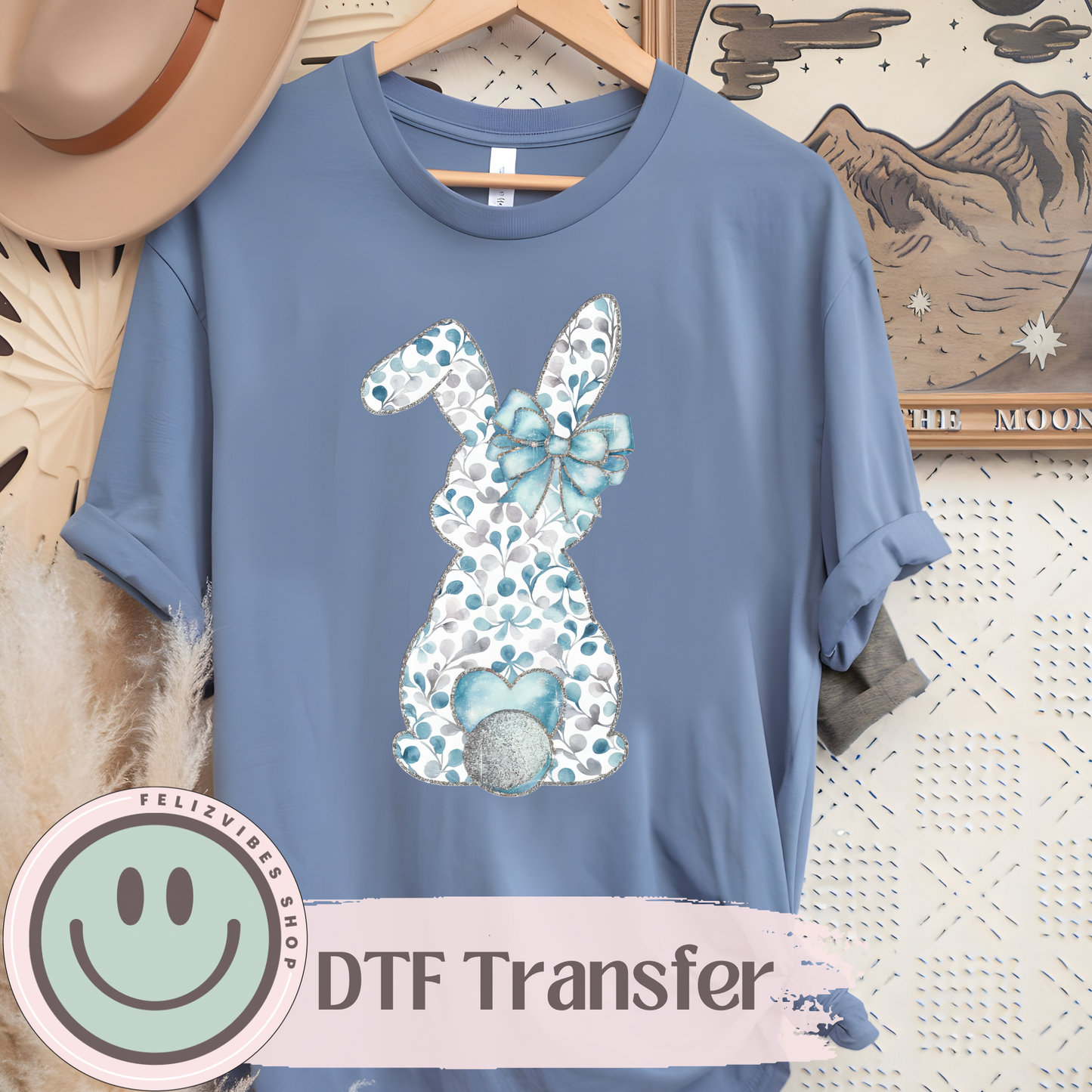 Blue Floral Bunny DTF