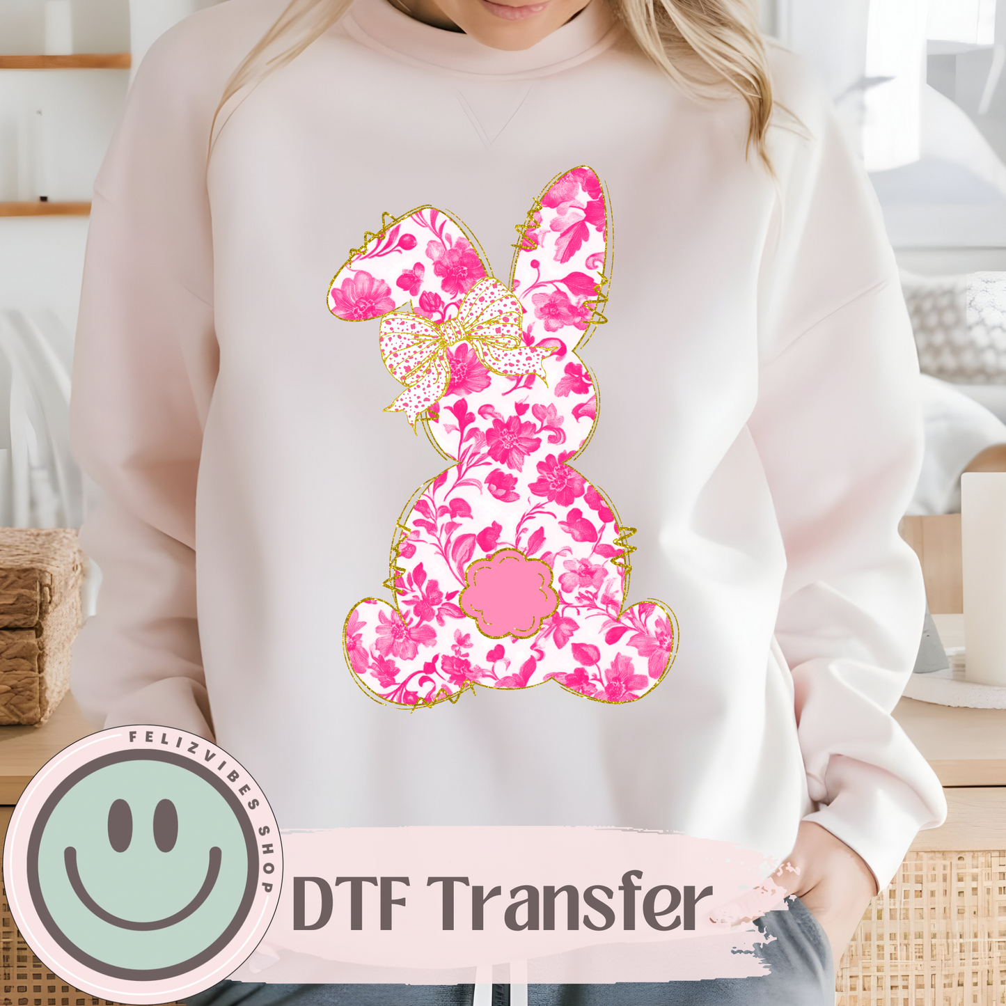 Pink Flower Bunny DTF Print