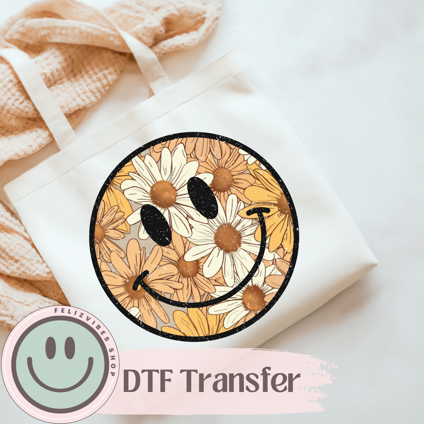 Boho Flower Smiley DTF Print