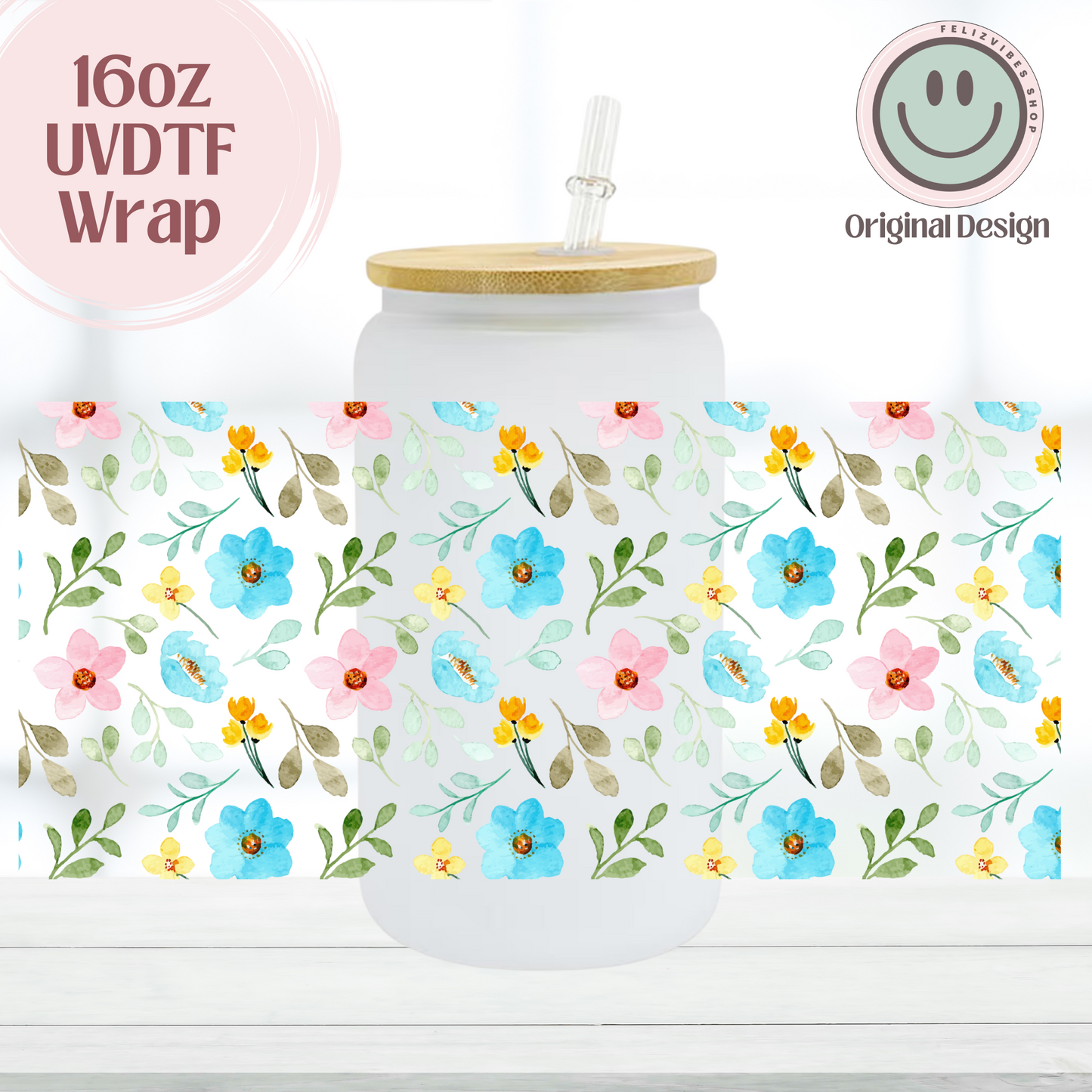 Blue and Pink Flowers 16oz UVDTF Cup Wrap