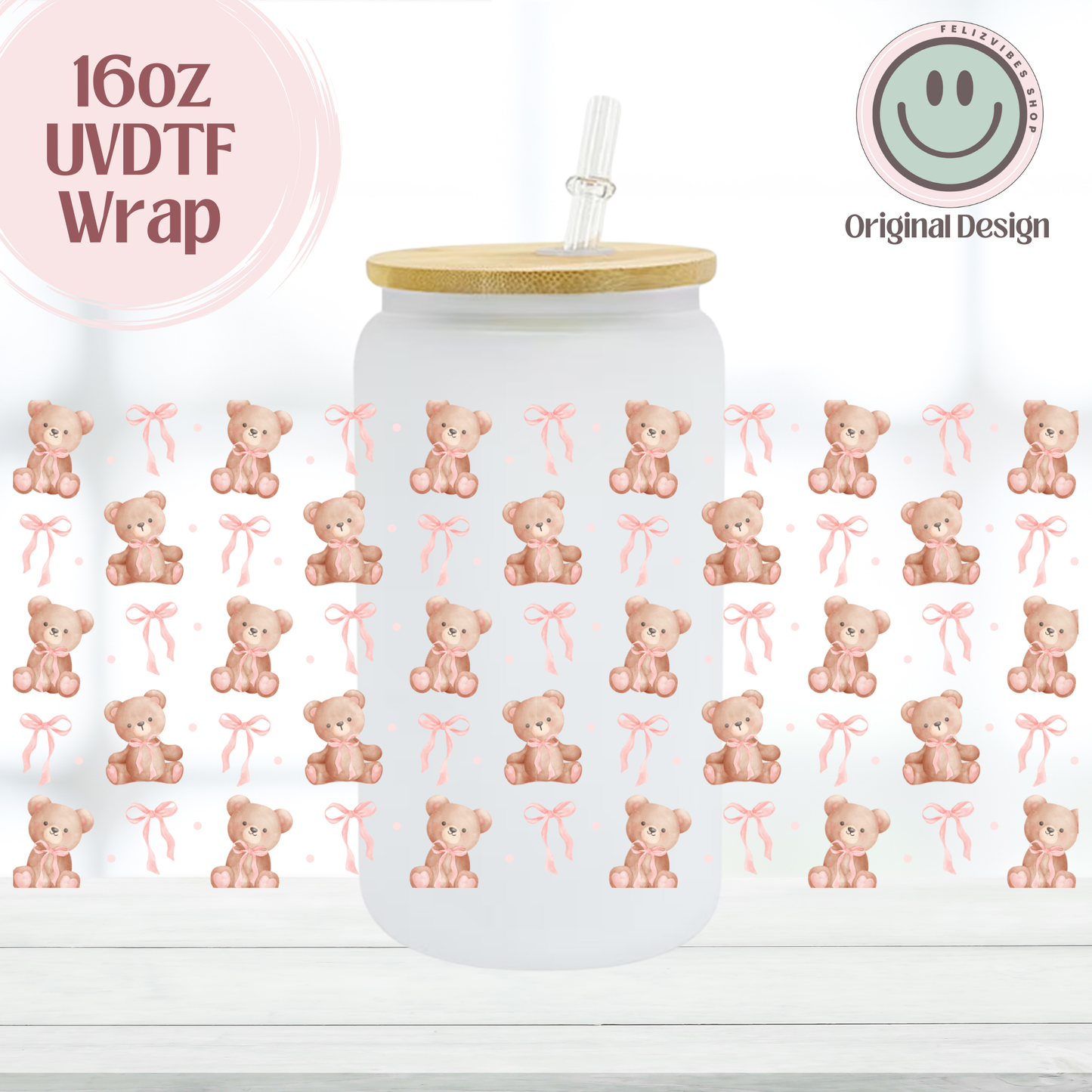 Coquette Teddy Bear with Bows 16oz UVDTF Cup Wrap