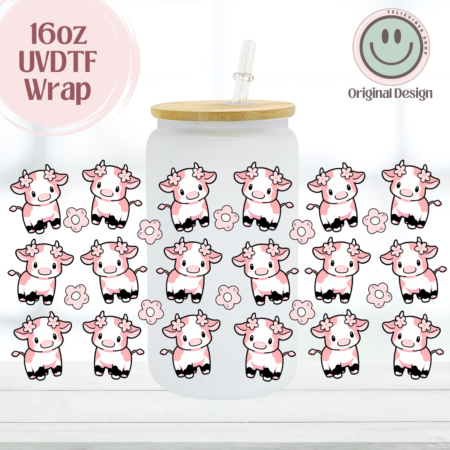 Cute Pink Cow 16oz UVDTF Cup Wrap