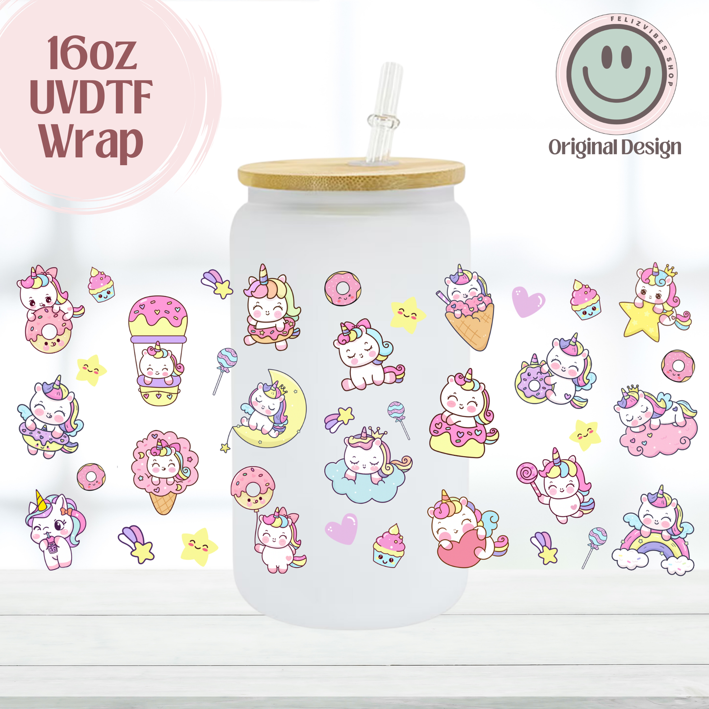 Cute Kawaii Unicorn 16oz UVDTF Cup Wrap