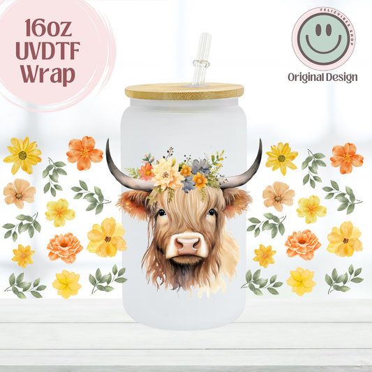 Flower Highland Cow 16oz UVDTF Cup Wrap