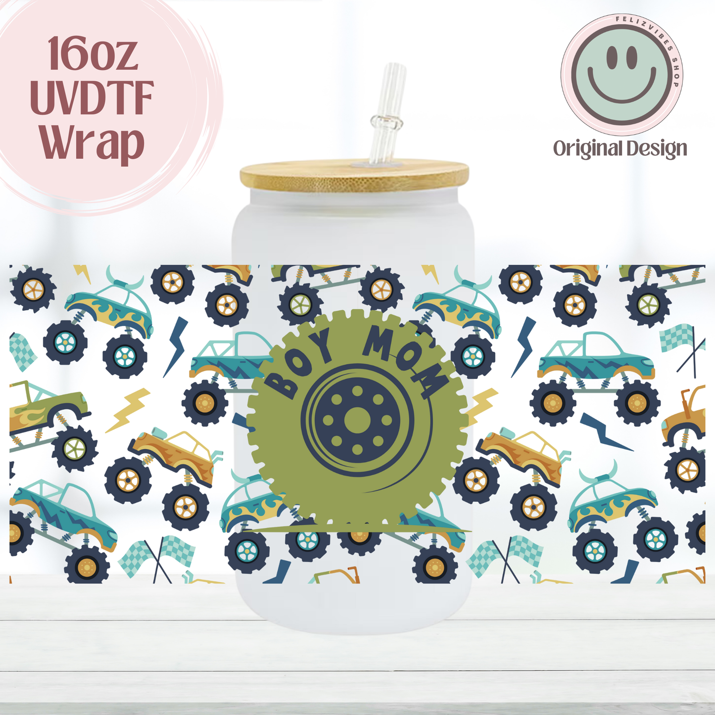 Monster Truck Boy Mom 16oz UVDTF Cup Wrap