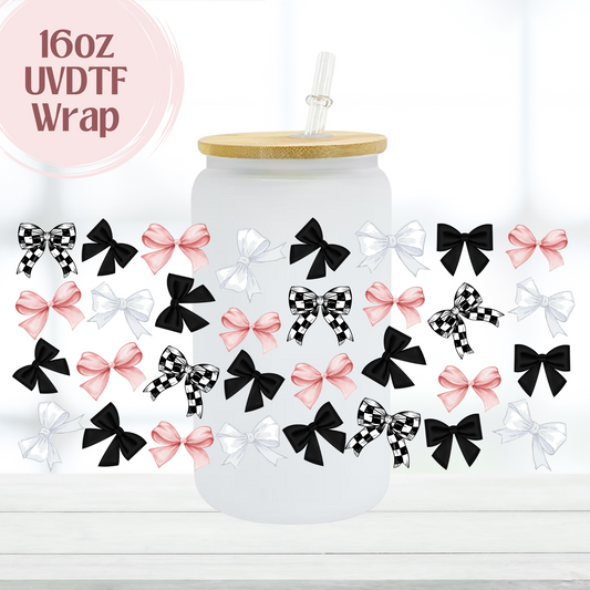 Checkered Pink White Black Bows 16oz UVDTF Cup Wrap