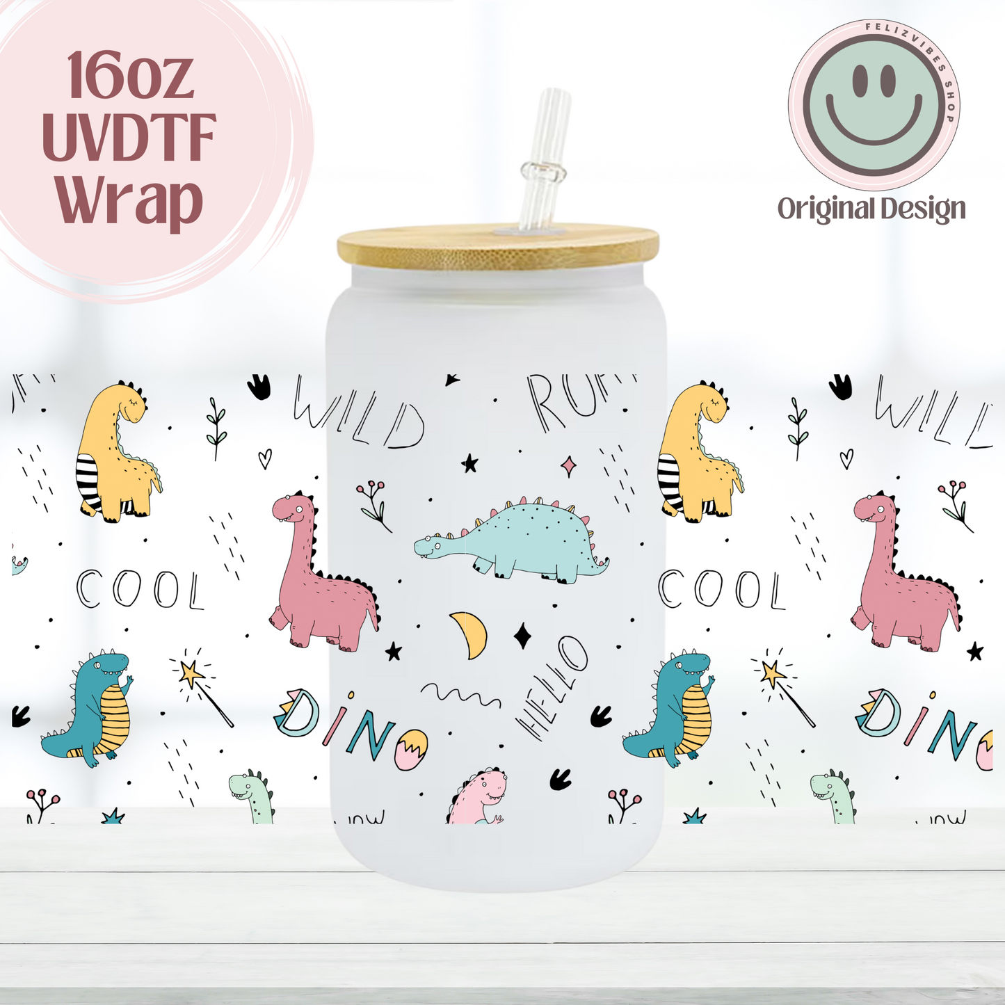 Cute Dino 16oz UVDTF Cup Wrap