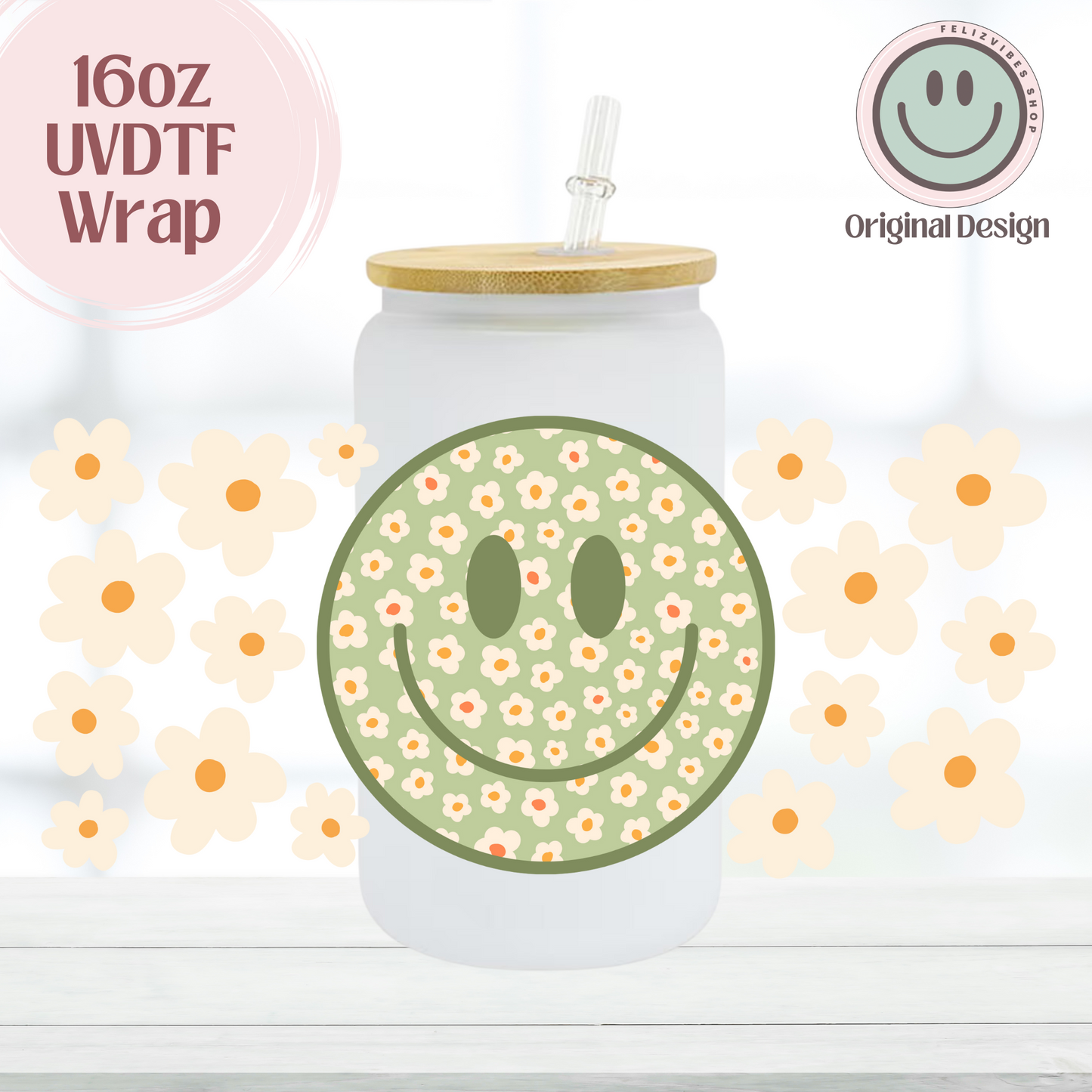 Green and White Smiley 16oz UVDTF Cup Wrap