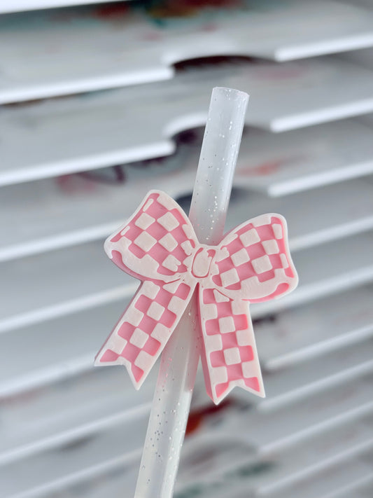Checkered Pink & White Bow 3D Topper