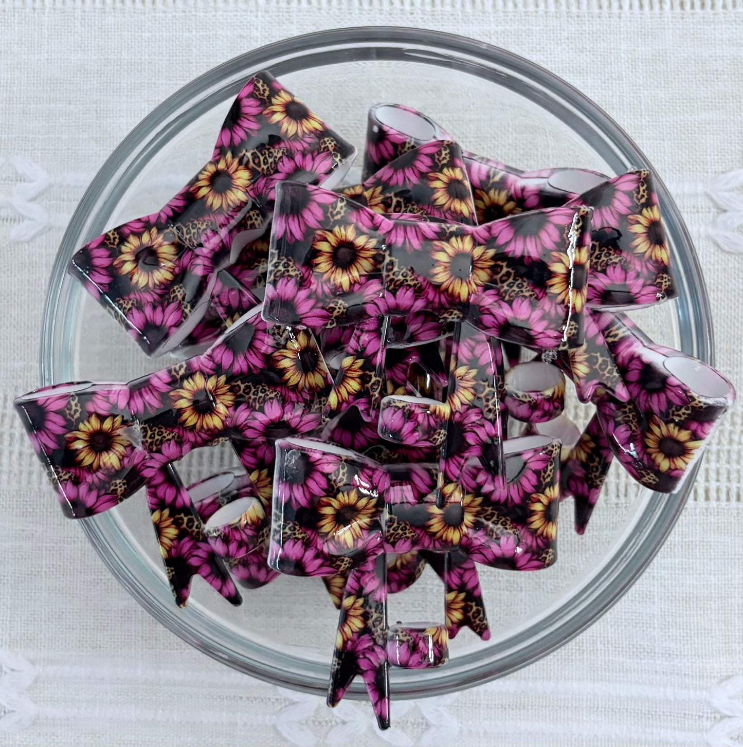 Pink and Yellow Sunflowers Glossy Silicone Bow Straw Topper