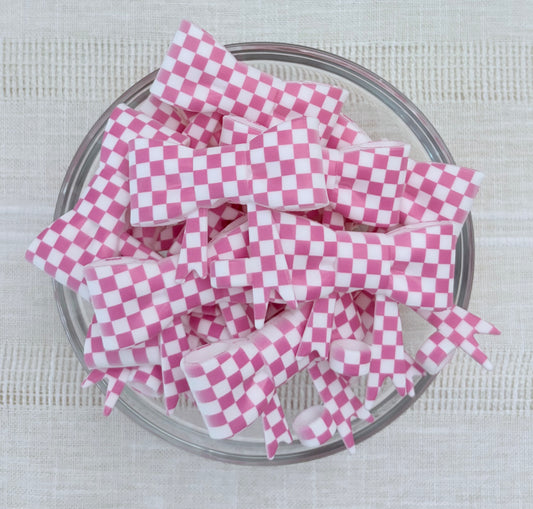 Pink & White Checkered Silicone Bow Straw Topper