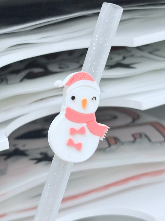 Pink Snowman 3D Straw Topper