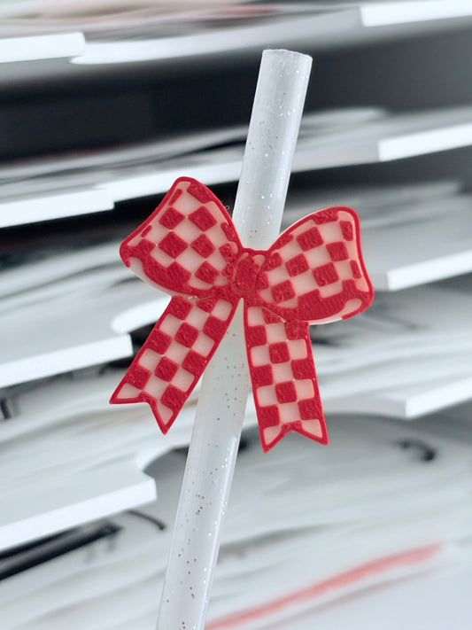Red Checkered Bow 3D Straw Topper
